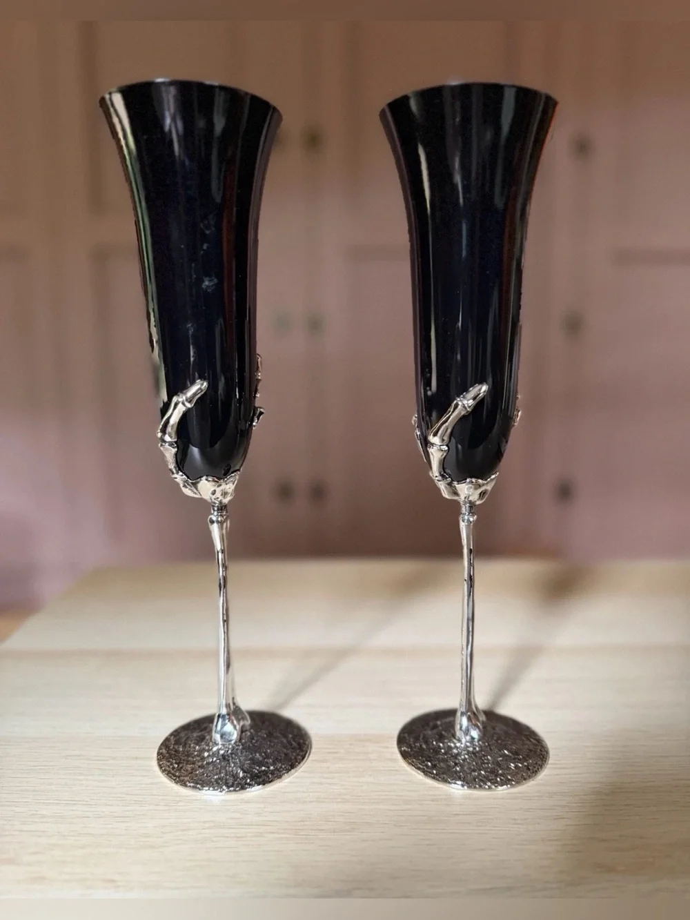 POTTERY BARN Skeleton Hand Black Champagne Flute Bar SET OF 4 HALLOWEEN